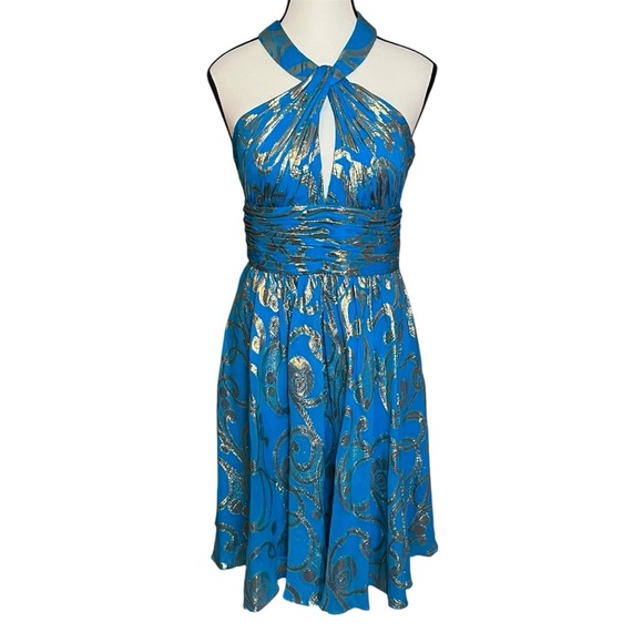 Aidan Mattox Silk Turquoise Blue Gold Dress Sz 8 Keyhole Criss Cross Metallic - Picture 1 of 6
